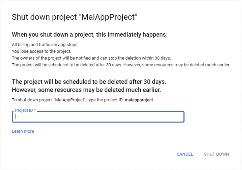 Deleting the malicious project