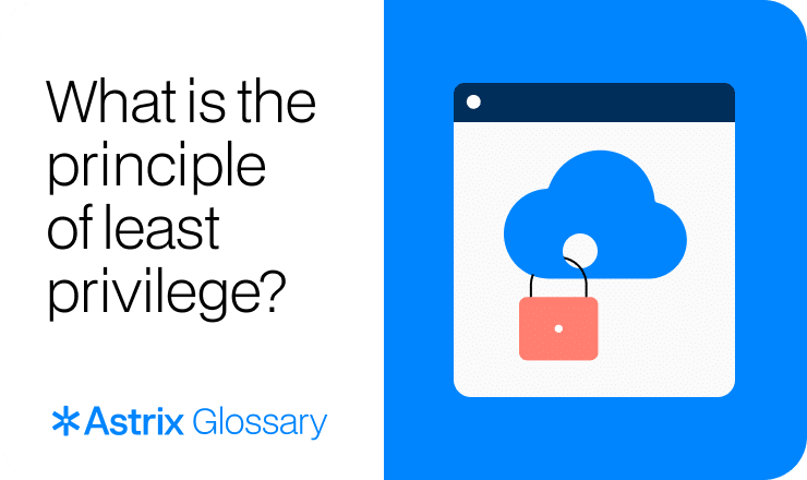 Text asks "How does least privilege enhance service account security?" beside a locked cloud. Powered by Astrix NHI Security.