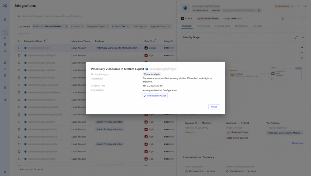 Moltbot exploit alert as flagged in the Astrix platform.